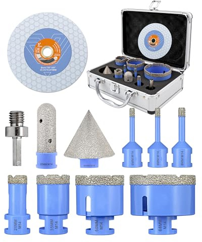 QUEFORET Foret Carrelage Diamant 11 Pièces - 6/6/8/20/35/50/68mm Trépan M14, 20mm Fraise, 50mm Mèche à Chanfrein, Adaptateur, 125mm Disque Diamant pour Céramique Porcelaine Marbre Granit
