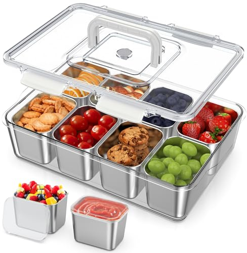 JINDUN Snackbox mit 8 Edelstahl Fächern, Snackteller mit Griff und 8 Einzelnen Deckeln, Verhindert Geruchsübertragung Ldeal, Leicht zu Reinigen für Verschiedene Früchte und Snacks Sowie Gewürze