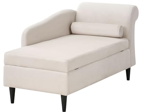Beliani Chaiselongue Samt beige rechts mit Stauraum u. Kissen hohe Lehne Retro Luiro