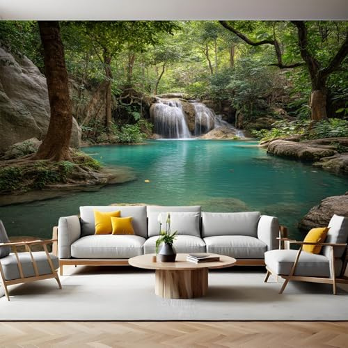 Vert Papier Peint Intissé 400 x 280 cm Paysage de ruisseau forestier Panoramique Image Photo Trompe l'oeil Murale Wallpaper Tapisserie pour Salon, Adulte Chambre d'enfants, Étude Décoration