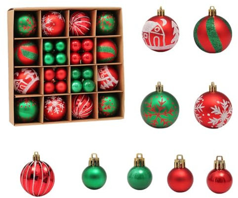 RUIYWEN 44 Stück Weihnachtskugeln Kunststoff 3cm 6cm Dekoration Weihnachtsbaum Weihnachtskranz Christbaumkugeln Festdekoration (Rot und Grün)