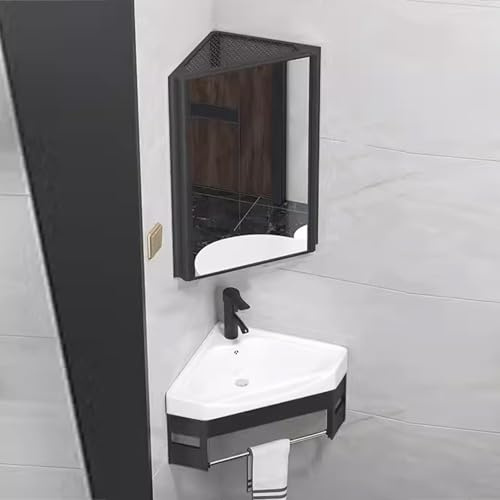 IYUESQ Lavabo de Esquina con Mueble de Espejo, Conjunto de Lavabo y tocador de Esquina, Mueble de baño de Pared con Espejo, para Espacios pequeños (Negro, 42 cm/16,5 Pulgadas)