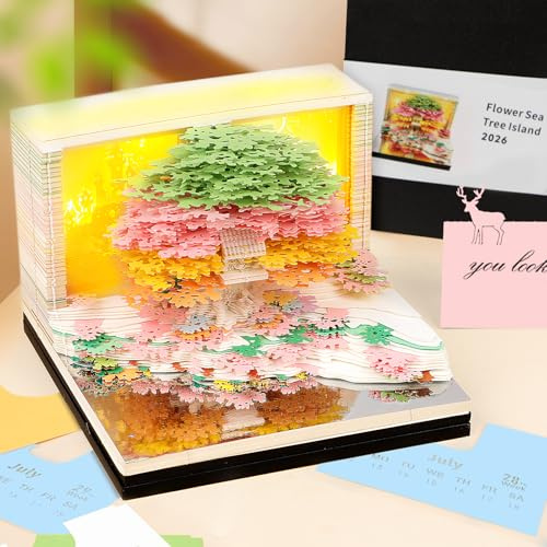 Auniq 2026 Schreibtisch Kalender 3D Notizblock mit Licht, 3D Kirschbaumhaus Wochenkalender 2026 DIY Notizen Papierskulptur 3D Zeitstück Kalender Geschenk für Weihnachten Neujahr Büro/Schule Dekoration