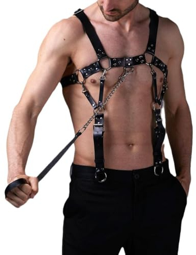 Herren-Brustgeschirr mit Leine und Kette, verstellbare Leder-Punk-Hosenträger, Brustgeschirr, Bondage-Gurt für Männer, schwule Männer, Party, Club, Cosplay, Bar, Nachtclub, Maskenball, BDSM, Fetisch,