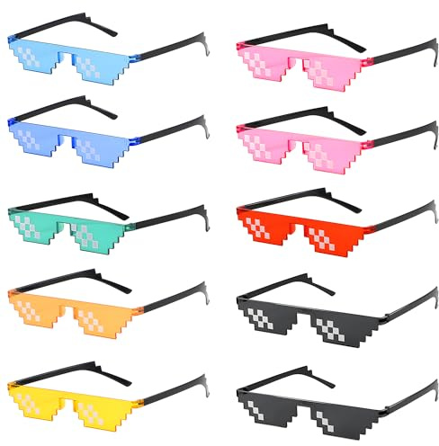 BOZILY 10 Pairs Pixel Sunglasses, 10 Colors Cool Mosaic Party Glasses for Adults, PC Holiday Decoration & Costume Props, Funny Gamer Glasses for Birthday, Halloween Themes