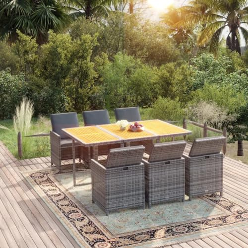 Mandloder 7-TLG. Garten-Essgruppe mit Kissen, Poly Rattan Grau, ausziehbarem Tischgestell, für Terrasse, Balkon, Essbereich, robust
