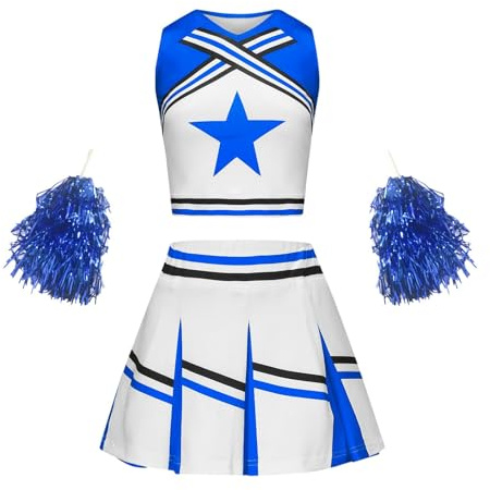 Lggwunsi Kostüm Cheerleader Mädchen - Cheerleader-Kostüm für Mädchen,Blaues Cheerleading Uniform Set Süßes Faschingskostüme Outfit mit Accessoires für Karneval-Verkleidung,High-School-Mottoparty