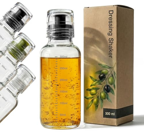 Greymount ® Dressingshaker aus Glas mit Skalierung 300ml | Dressing Behälter mit tropffreien Ausguss, spülmaschinengeeignet | Für Salatdressings, Marinaden & Saucen (Schwarz, Borosilikatglas)