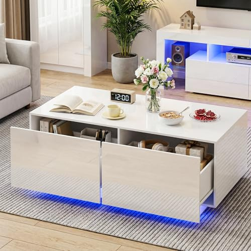 Hyaapwod Couchtisch Weiß Hochglanz, Wohnzimmertisch mit LED-Beleuchtung, Couchtisch mit 2 Schubladen und Offenem Fach, Weiß