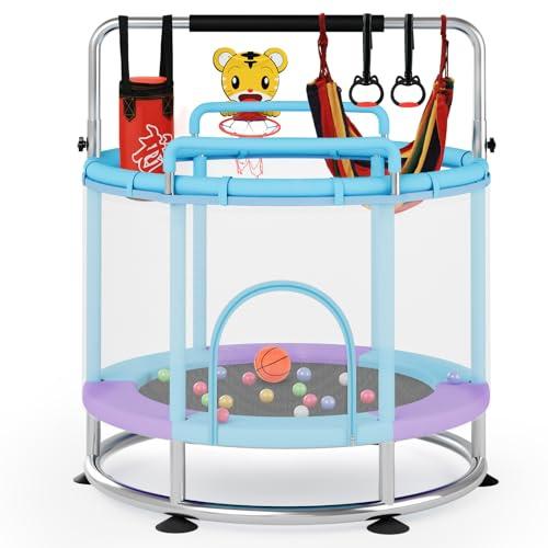 SOFTHOM 150cm Trampolin Kinder mit Sicherheitsgriff, Trampolin Innen&Außen | Kindertrampolin mit 250KG Tragkraft, Höhenverstellung Turnstange, 6 Spielzeugen, Geschenke für Jungen und Mädchen