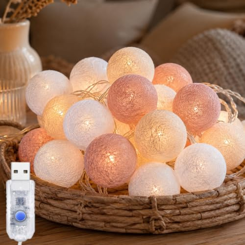ALEGRE® USB Lichterkette Baumwollkugeln mit Timer,1,5M 10 LED Kugeln Lichterkette mit Stecker, Cotton Ball Lichterketten Innen,Roségold Globe Lichterketten für Kinderzimmer, Hochzeit, Weihnachten Deko