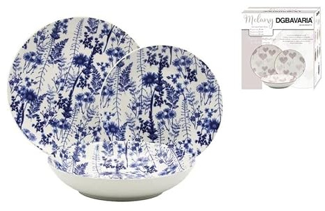 Servizio Piatti 18 Pezzi – Collezione in Pregiata Porcellana – Set Tavola Moderno per 6 Persone – Diverse Fantasie Disponibili, (Fiori Blu)