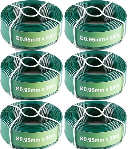 Amagabeli Alambre de Hierro Plastificado Ø0.95mm x 50m, 6 Rollos de Cable Revestido para Jardín y Cercados, Inoxidable de PVC Verde