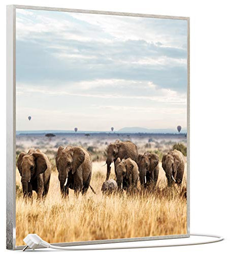STEINFELD Bild Infrarotheizung mit Thermostat | Made in Germany | viele Motive 350-1200 Watt Rahmen silber (350W, 002 Elefanten)