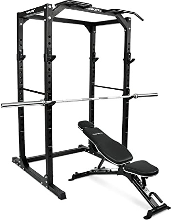 MSPORTS Power Rack Premium Cage H/B/T – 215 x 120 x 140 cm Stazione di potenza fino a 200 kg per manubri Squat (Power Rack + panca + Olympia Langhatel)