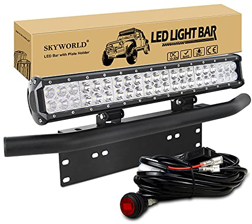 SKYWORLD LED-Lichtleiste, 50,8 cm 126W Spot-Flutlicht Arbeitsscheinwerfer mit Kennzeichenhalterung 12V Kabelbaum-Set Ein-/Ausschalter Stromrelais Flachsicherung für LKW Auto ATV SUV 4x4 | Spot Flutlicht Led Arbeitsscheinwerfer, 23 Zoll Kennzeichenhalterung Schwarz, 12V Kippschalter Kabelbaum für 4x4 Offroad SUV