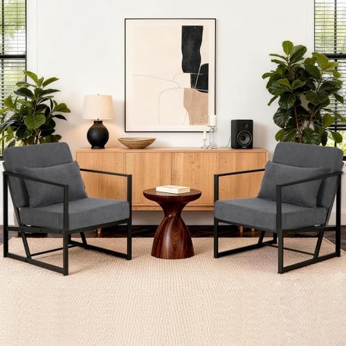 Mingone Sessel Wohnzimmer 2er Set, Gepolsterter Cocktailsessel, Dunkelgrau | Polstersessel Stuhl Relaxsessel aus Leinen Loungesessel mit Handläufen Eisengestell für Wohnzimmer und Schlafzimmer
