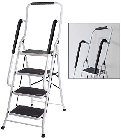 Escabeau pliable de sécurité portable 4 marches escabeau avec main courante et tapis antidérapant en métal robuste pour maison/cuisine/garage/peinture/décoration/travaux ménagers