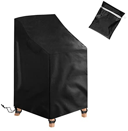 Boseago Housse de Protection pour Chaises Empilables en Tissu Oxford 210D, Housse de Chaise d'Extérieur Imperméable de Jardin, Housse de Fauteuil Extérieur Empilables avec Corde(72x92x120/70cm), Noir