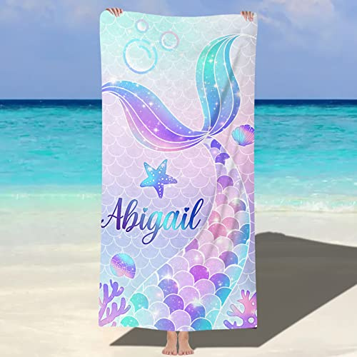 MJARTORIA Personalisierbar Handtücher mit Text, Mikrofaser Strandtuch Obst, Sandfrei, schnell trocknend und leicht Meerjungfrau Camping Badetuch für Schwimmen Mädchen Kinder 76 x 152 cm