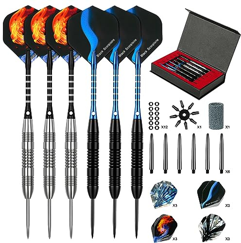 flintronic Dart med stålspets, 6 st professionella pilar stålspets, dart stålspets med aluminiumstänger med O-rin/standard och smala vinglar/vässare för mörkar/fodral