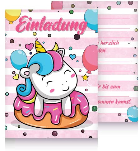 Jean-Philippe Dietz® 12 Einhorn Einladungskarte für Kindergeburtstag oder Partys - Kinder Geburtstagseinladungskarten - Einladungen zum Geburstag für Mädchen (XL Donut)