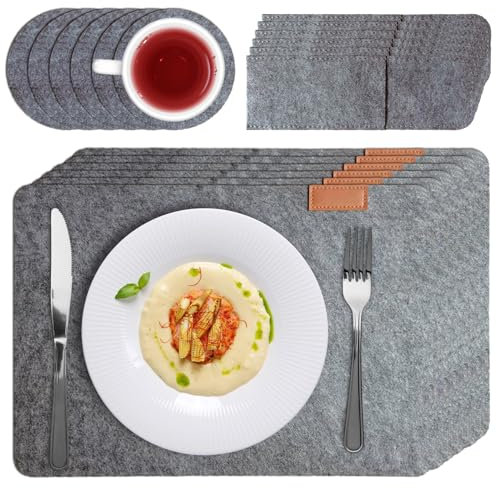 Platzsets Abwaschbar, Tischsets Abwaschbar Platzsets Filz 18er Set, Hitzebeständig rutschfest Platzdeckchen mit Besteckbeutel、Untersetzer