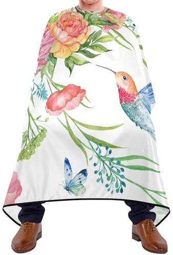 Tablier Fleur Colorée Dahlia Lupin Papillons Colibris Sur Blanc Cape De Barbier Unisexe Cape De Salon De Coiffure Nettoyage Facile Capes De Coiffeur Pour Cheveux Salon De Coiffure Adultes