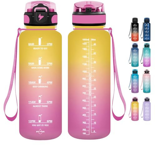 Grsta Borraccia - 1500ml - Borraccia Palestra senza BPA, Borraccia con Cannuccia, Borraccia Sportiva con Indicatore del Tempo Motivazionale, per Studio Fitness, Scuola, Ufficio - Giallo-Rosa