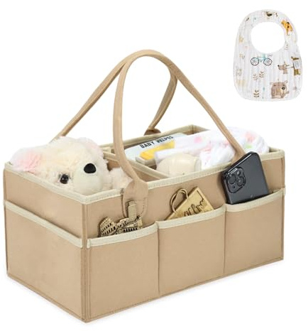 Baby Windel Caddy Organizer, Wickeltisch Organizer Aufbewahrungskorb mit Herausnehmbaren Fächern, Tragbarer Faltbarer Wickelorganizer, Windeleimer mit Lätzchen, Windel organizer als Babyparty Geschenk