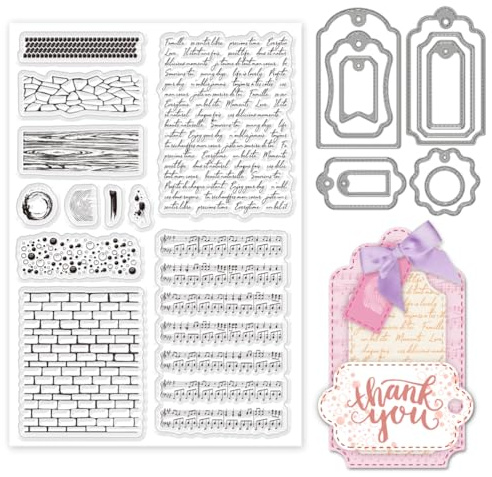 INFUNLY 2 Stück Marmor-Textur, Durchsichtiger Stempel Und Stanzformen, Musiknoten, Silikon-Stempel, Tag, Stanzer, Wandhintergrund, Rahmen, Gestanzt Für Kartenherstellung, Scrapbooking