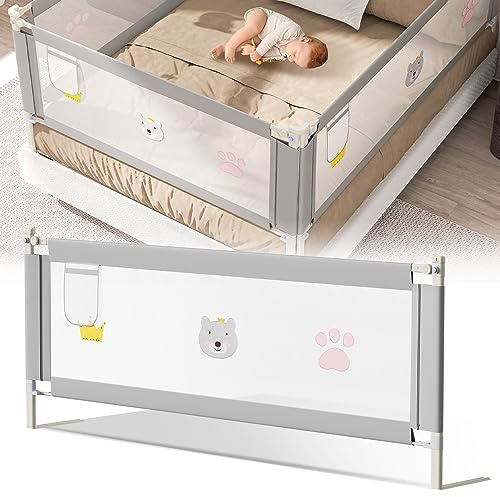 Fiqops Bettgitter rausfallschutz 180cm,Rausfallschutz Bett Klappbar,Bettschutzgitter vertikalen Heben,Fallschutz Bett stabile Bauweise,Baby bettgitter für Kinder,Grau Cartoon
