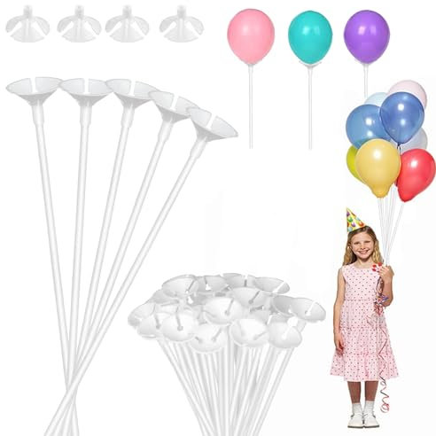 Aszaui 100 Piezas Soporte Para Globos,Palos para Globos,Varillas Reutilizables, Palitos de Globo de Plástico,Blanco Varillas de Globo Para Decoración, Cumpleaños, Fiestas, Bodas