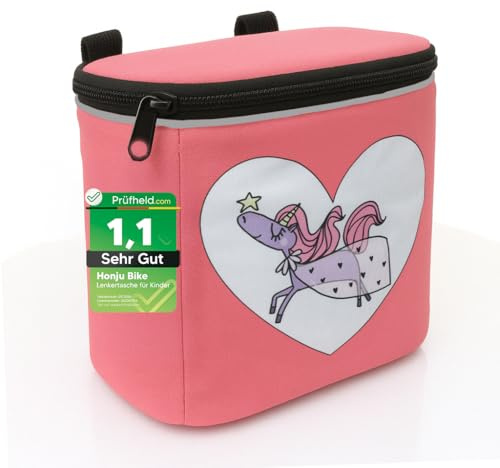 honju Bike Lenker-Tasche Kinder-Fahrrad Ella Einhorn - Tasche & Korb Kombi | Abnehmbarer Deckel, Reflektoren, Klettverschluss. Fuer Laufrad & Kinderrad, mit Innentasche & Reissverschluss, abwaschbar