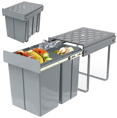 UISEBRT Pattumiera da cucina, da incasso, sistema di raccolta differenziata estraibile con scivolo, in plastica grigia, 2 x 20 l + 1 x 10 l