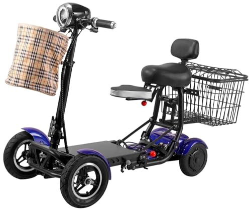 psuecxks 4 Wheeled Electric Mobility Scooters, Folding Mobility Scooters, Front and Rear Double Baskets, Double Disc Brakes for Adults Elderly Disabled Outdoor Travel,Blue-15.6Ah/40km (blue 15.6Ah)