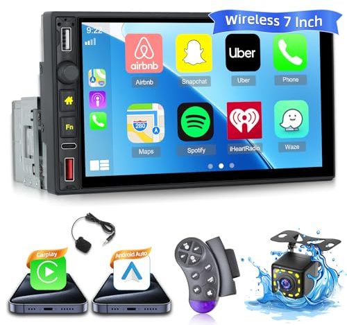 Autoradio 1 Din con Wireless Carplay e Android Auto - Radio con Schermo Touchscreen IPS da 7 Pollici con EQ, Mirror Link, radio FM/RDS, Bluetooth, SWC, Disco USB/Ingresso Type-C + Telecamera di Backup