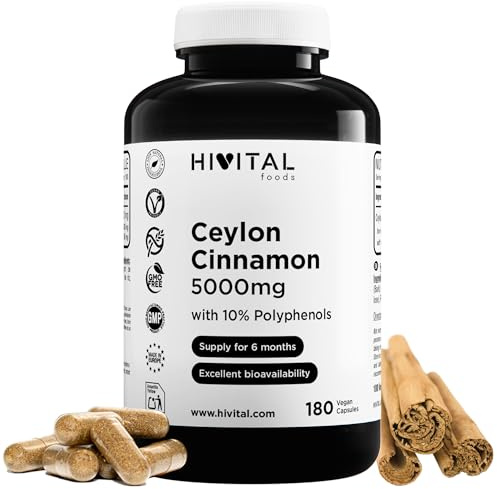 Canela de Ceylán 5000 mg. 180 cápsulas veganas para 6 meses de tratamiento. Extracto Natural de rama de Canela (Cinnamomum Zeylanicum) con 10% Polifenoles. De Hivital