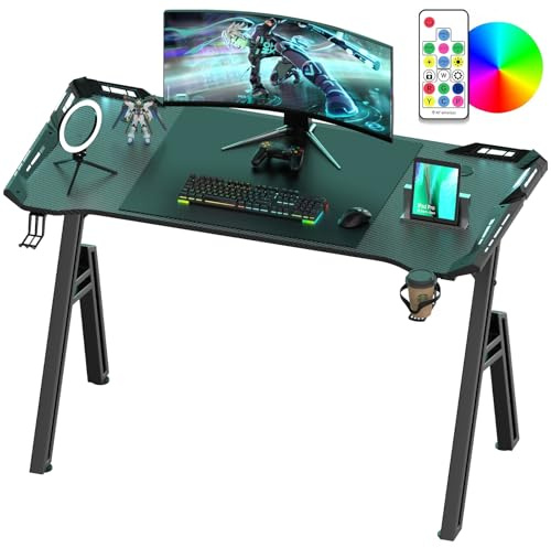 Scrivania Gaming LED 120x60cm,Tavolo Gaming Computer Ergonomica con Ganci per Cuffie e Porta Bicchiere, Scrivanie Gaming Fibra di Carbonio, Postazione PC Gaming di Telaio A Stabile, Facile da Montare