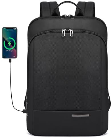 POWER KING Laptop Backpack, Men & Women Business Travel Computer Bag with USB Charging Port, Rucksack for College, Fits for 15.6'' Laptop, Water Resistant & Lightweight, Black (Black, 13L)