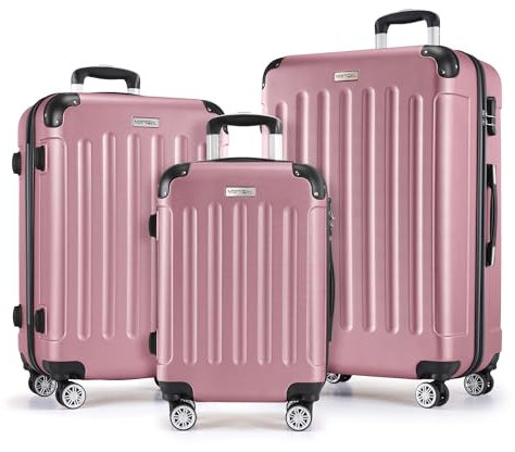MERISH Reisekoffer Koffer Kofferset Trolleys Zwillingsrollen 3tlg. Hartschale in 9 Farben (Rose, Set)
