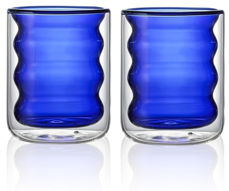 AXB Double Walled Glass Coffee Mugs 2 Pack 200ml, Clear Heat Resistant Coffee Cups, Espresso Cups, Ripple Drinking Glasses, Coffee Mug for Latte & Tea (Blue)