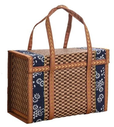 Cesta de bambú portátil con tapa, cesta de picnic, almacenamiento de mimbre de mano, soporte de verduras para cocina, embalaje de regalos (L)