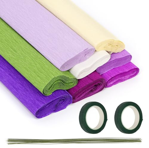 Glarks 8 Farben breite Crepe Papiere Rollen Kit für DIY Blumen Herstellen, enthalten 8 Rollen 9.84in x 8.2ft Crepe Papier Blätter, 20 Stück 15.74in grün Blumen Draht, 2 Rollen Bänder