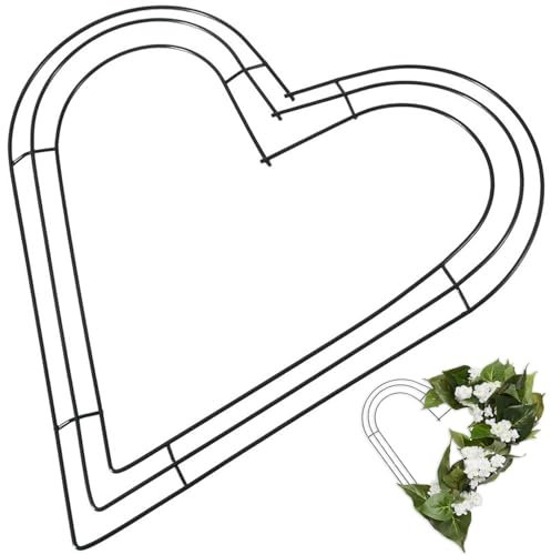 Heart Shaped Wire Wreath Frame, Dark Green Metal Wreath Frames, 14 Inch Iron Base Flower Arrangement, Decorative Wall Garland Rings for DIY, Floral Decorations on Weddings