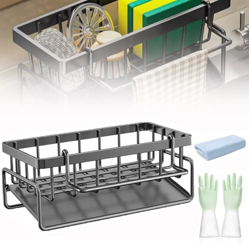 Slope Sink Drain Rack, 4 In 1 Stainless Counter Top Sponge Holder, Stainless Steel Sink Organizer, with Dishcloth Hanger Drying Rack (GREY)