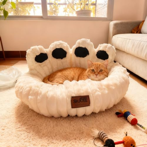 SHJOEE Flauschig Haustierbett Warm Hundebett Katzenbett Niedlich Bärentatzen-Form Hundekissen Katzenkissen Indoor Weich Haustier Schlafbett für Katzen Kleine Mittelgroße Hunde (Beige, 50cm)