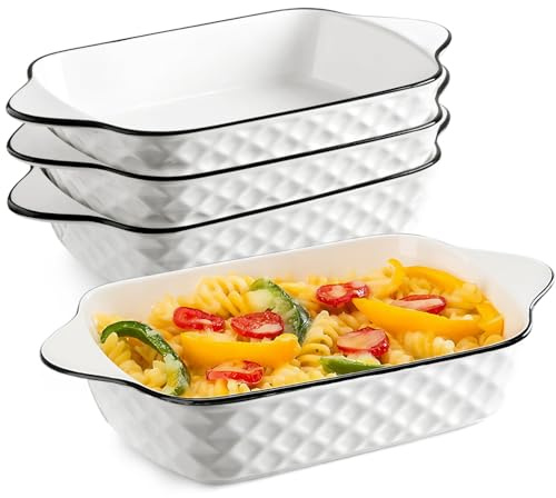Exquilnova 4er Set Keramik Auflaufform, 1L Auflaufform Klein, Backform Rechteckig, Grillpfanne mit Griff, Lasagne Backformen für Airfryer, Backofen, Mikrowellenherd (Rautenlange-Teller)