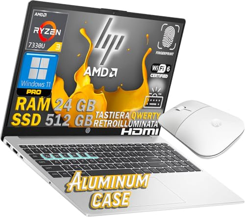 HP 255 G10 Notebook portatile Silver COVER ALLUMINIO SLIM, AMD Ryzen 3 7330, RAM 24GB, SSD Nvme 512GB, Full HD 15.6, Tastiera retroilluminata, Fingerprint, Wi-fi 6, Win 11 Pro, Mouse Abbinato Ceramic
