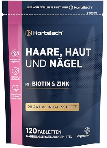 Cheveux Ongles Peau | 28 nutriments avec de la biotine, du zinc, du fer, un complexe de vitamines B et bien plus encore ! | 120 Comprimés | Horbaach